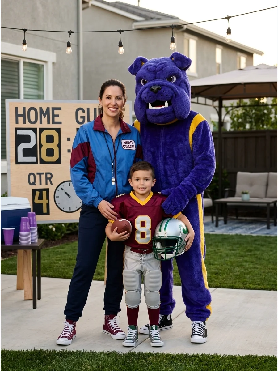 Famous Athlete, Coach, and Mascot. Choose a favorite sport and dress one person as the athlete, another as the coach, and the third as the team mascot. Personalized jerseys and a h