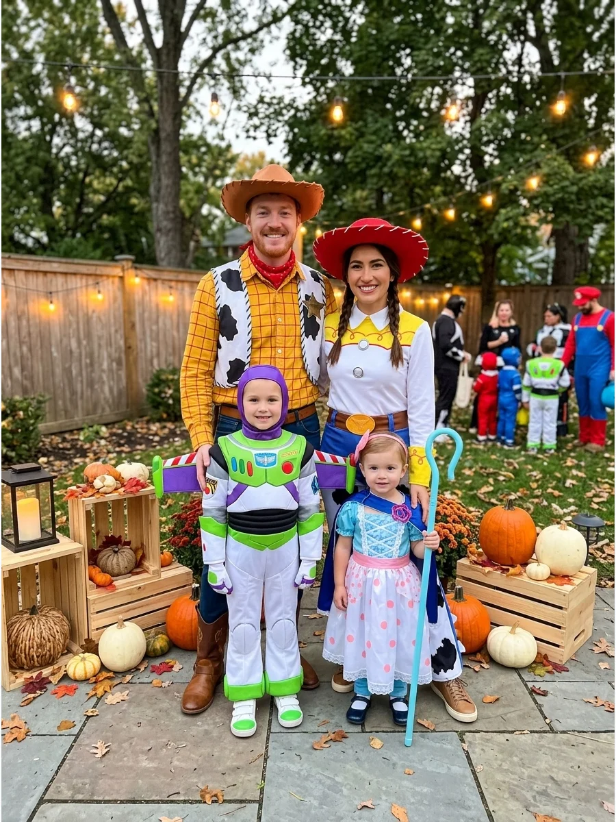 Toy Story Family. Dress as Woody, Jessie, Buzz Lightyear, and Bo Peep for a colorful costume inspired by the Toy Story universe. Cowboy hats, boots, space accessories, and bright c