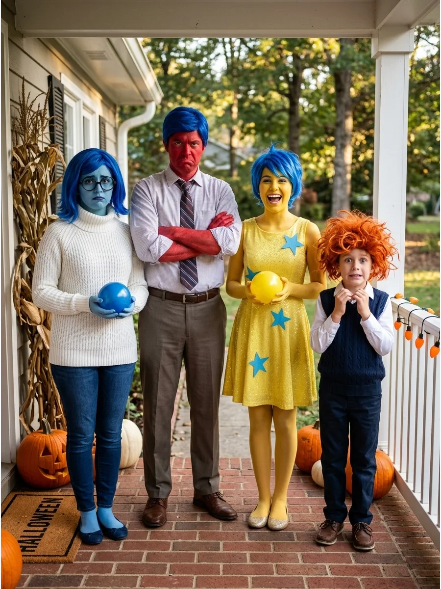 Inside Out Emotions. Let each family member portray a different emotion, such as Joy, Sadness, Anger, and Anxiety. Use each character’s signature color, hairstyle, and facial expre