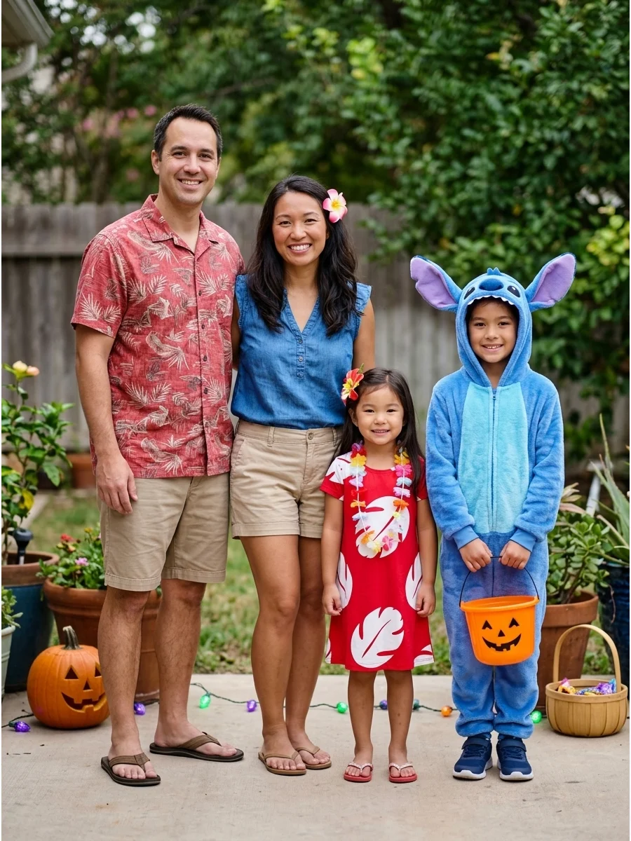 Lilo and Stitch Family. Dress as Lilo, Stitch, Nani, and David for a tropical family Halloween costume. Hawaiian shirts, flower accessories, a red dress, and Stitch ears keep the o