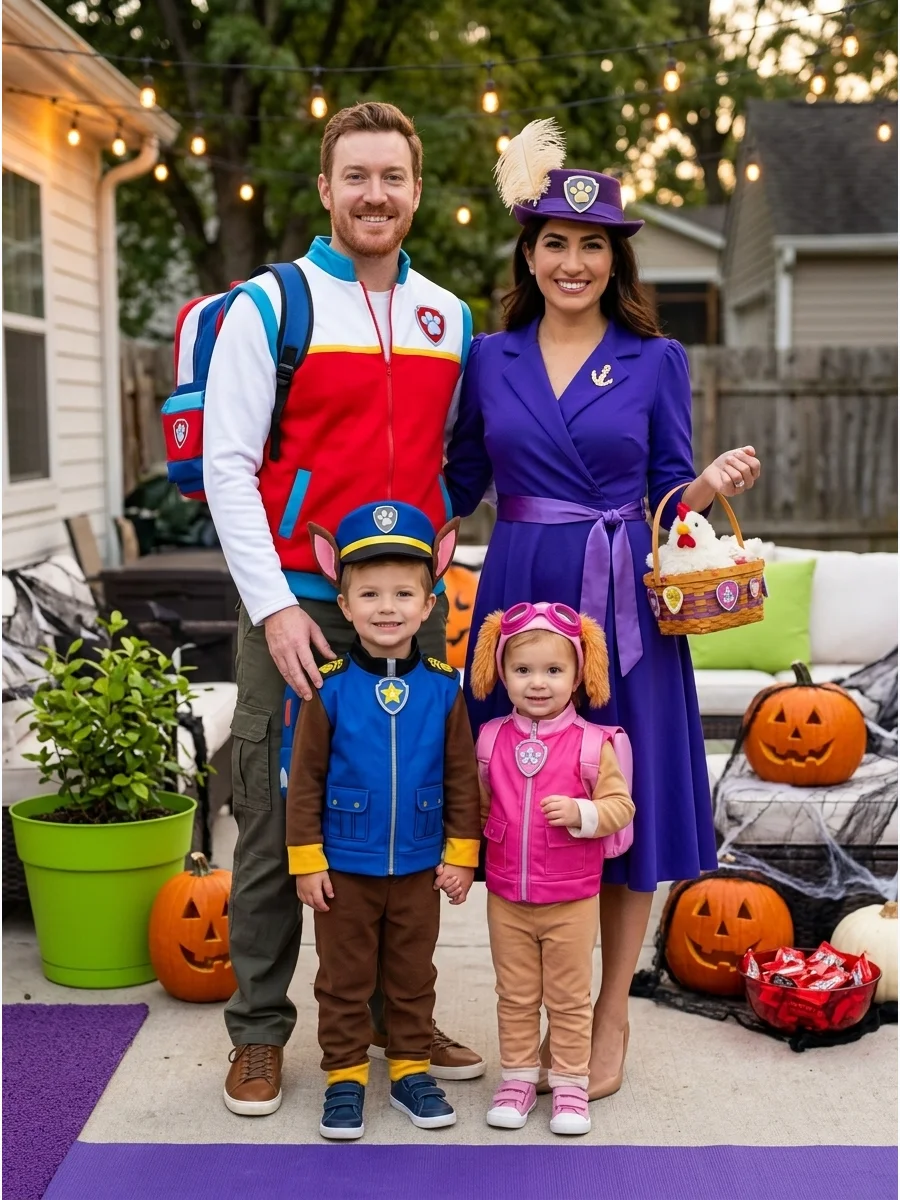 Paw Patrol Family. Choose two rescue pups for the children while the adults dress as Ryder and Mayor Goodway. Color-coded vests, pup ears, badges, and rescue-themed accessories mak