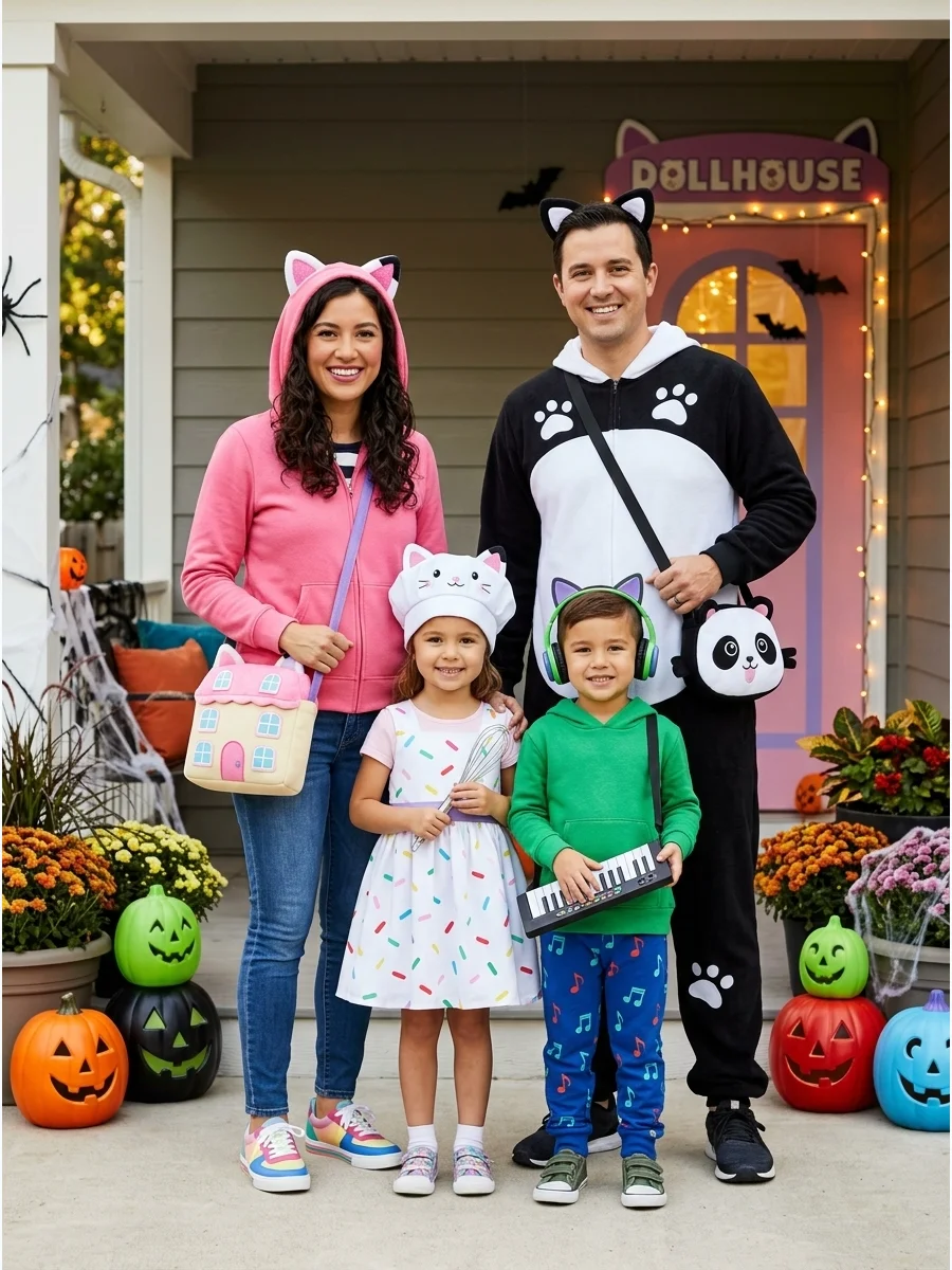Gabby’s Dollhouse Family. Dress as Gabby, Pandy Paws, Cakey Cat, and DJ Catnip for a bright and playful costume. Cat ears, colorful clothing, sprinkle details, and musical accessor