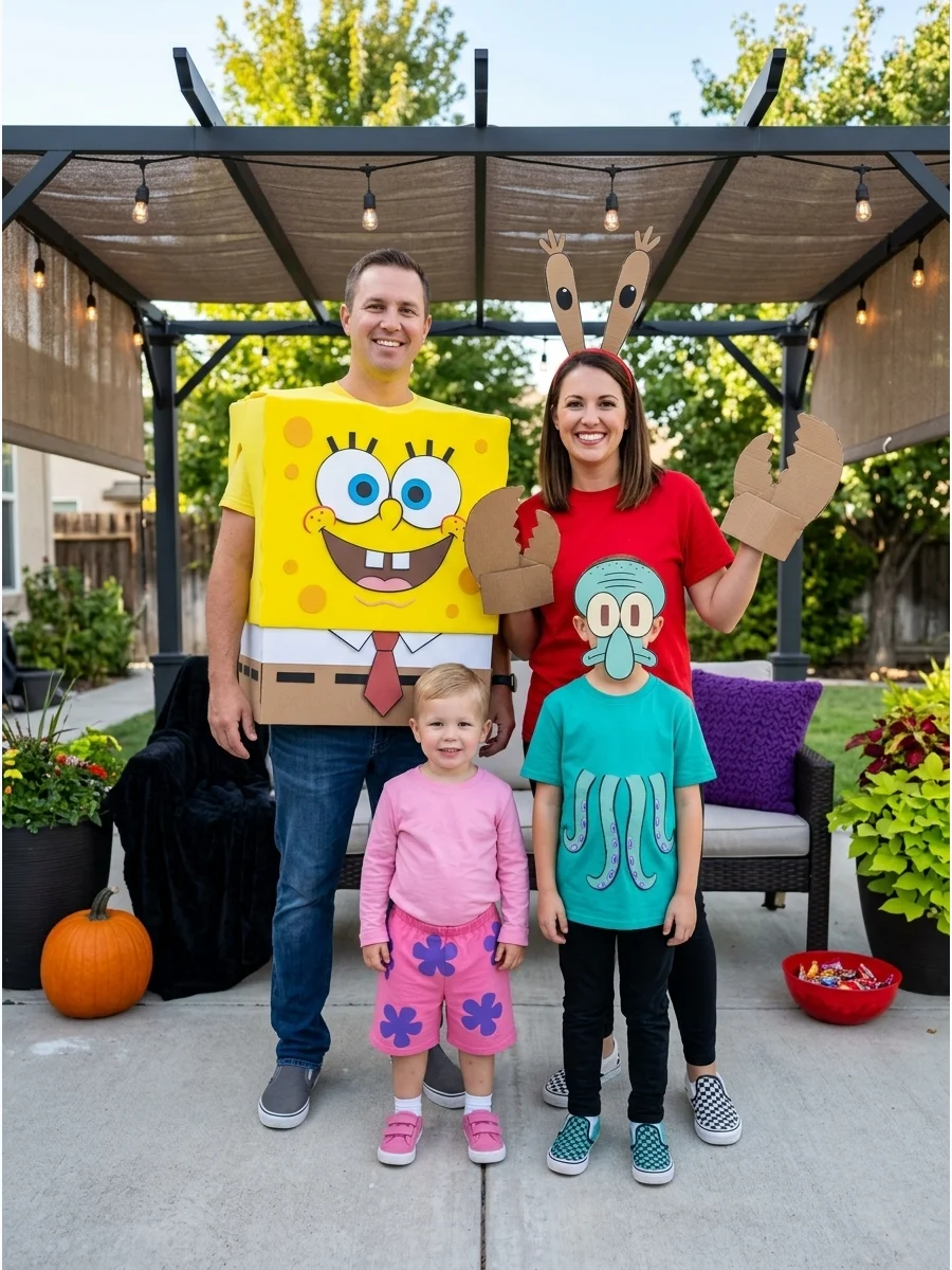 SpongeBob SquarePants Family. Turn your group into SpongeBob, Patrick, Squidward, and Mr. Krabs. Use bold solid colors and simple cardboard costume pieces to create an inexpensive