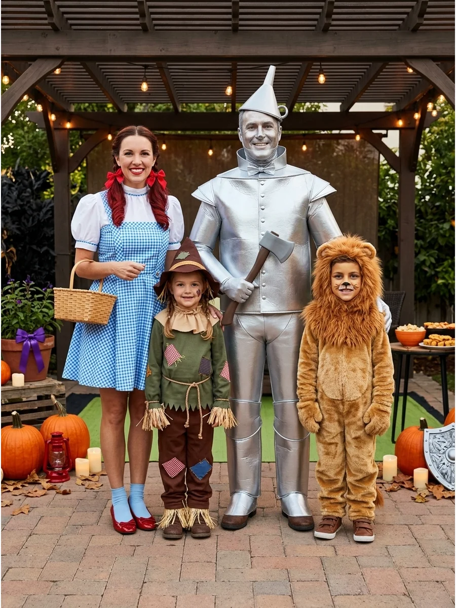 The Wizard of Oz Family. Choose Dorothy, the Scarecrow, the Tin Man, and the Cowardly Lion for a timeless family costume. A blue gingham dress, straw details, metallic clothing, an