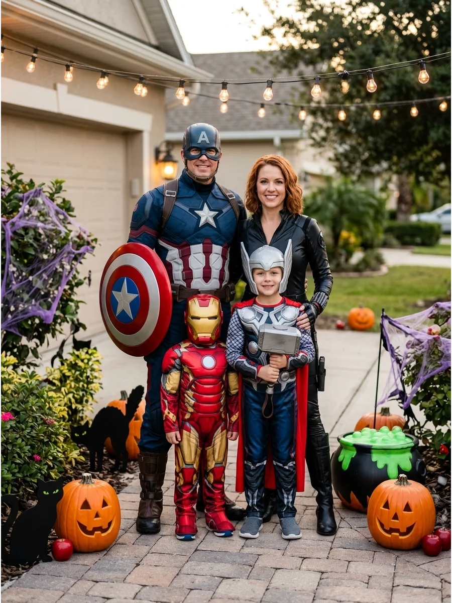 Avengers Family. Let each family member choose a different hero, such as Captain America, Iron Man, Black Widow, and Thor. The costumes do not need to match exactly because the sha