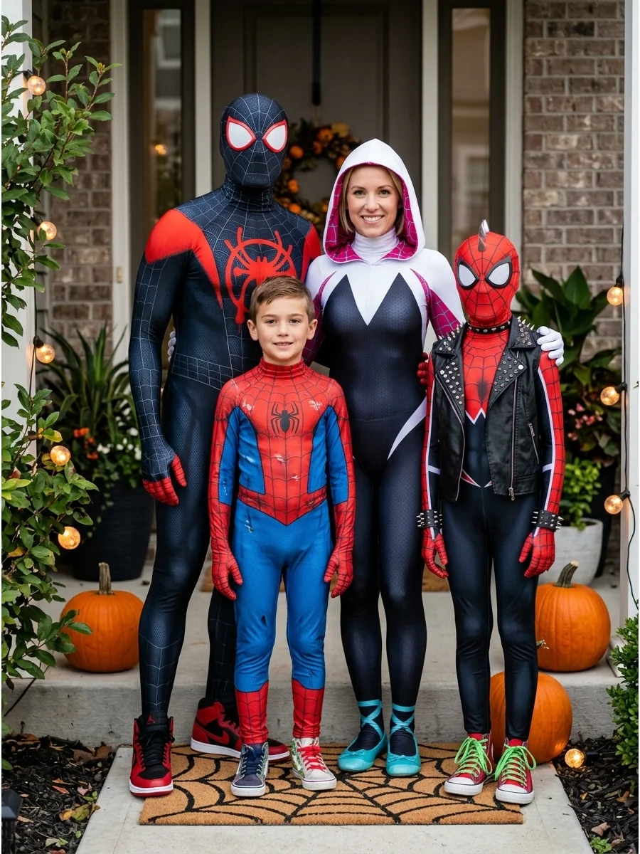 Spider-Verse Family. Dress as four different Spider-Verse heroes, such as Miles Morales, Gwen Stacy, Peter Parker, and Spider-Punk. Mixing different suit colors and designs makes t