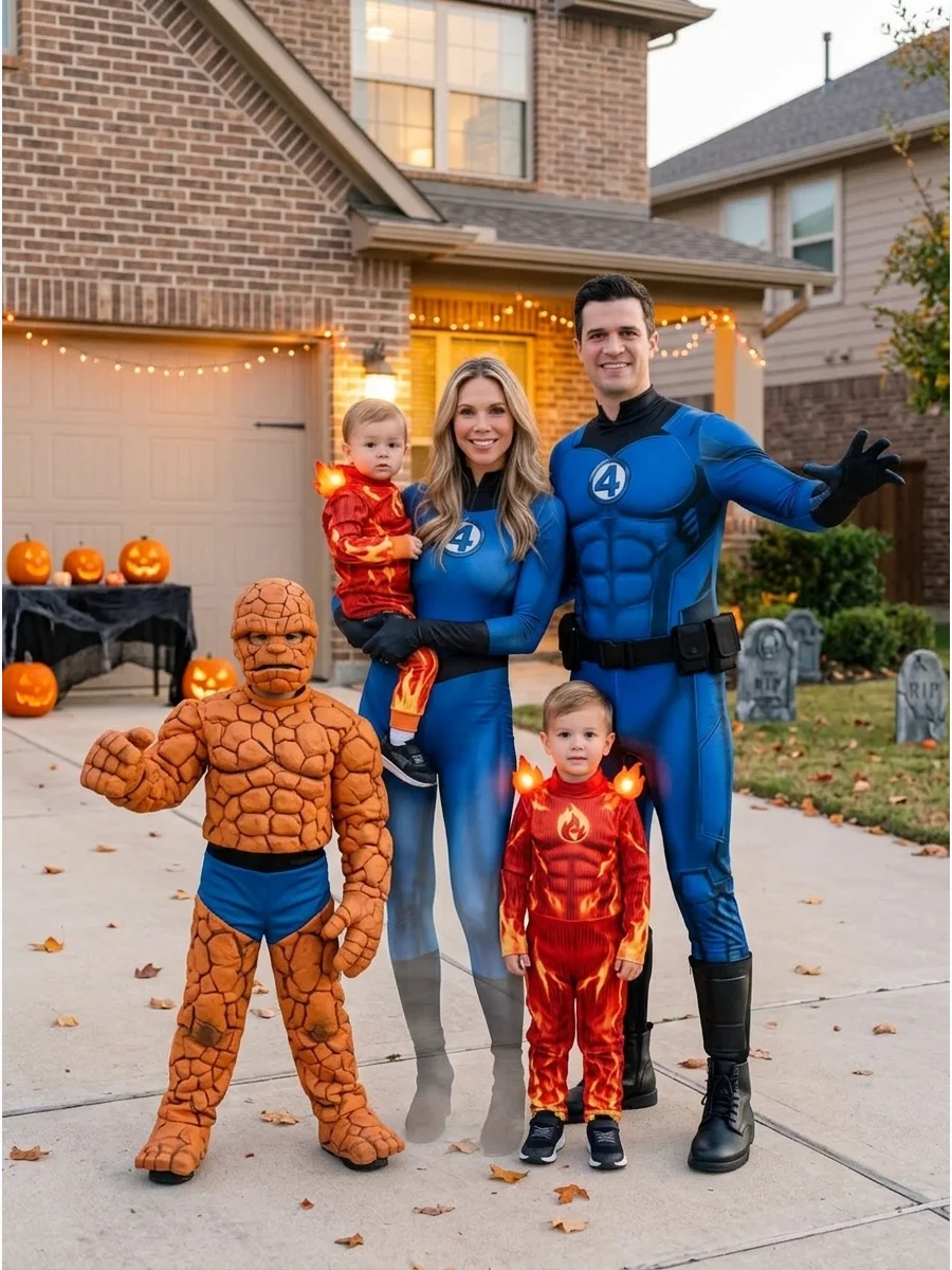 Fantastic Four Family. The Fantastic Four provide a ready-made costume theme for exactly four people. Wear matching blue suits and assign the roles of Mister Fantastic, Invisible W