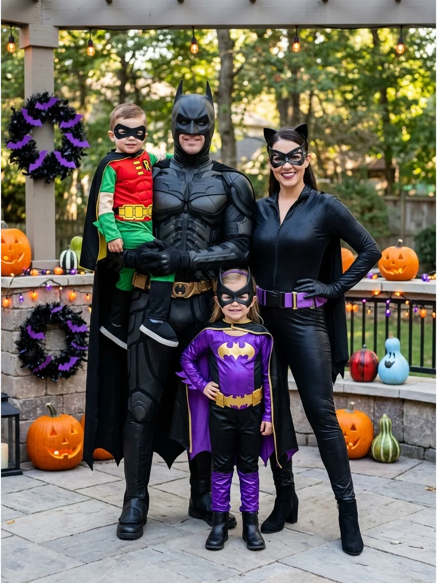 Batman Family. Build a Gotham City group with Batman, Robin, Batgirl, and Catwoman. Black capes, masks, utility belts, and touches of yellow or purple create a dramatic family cost