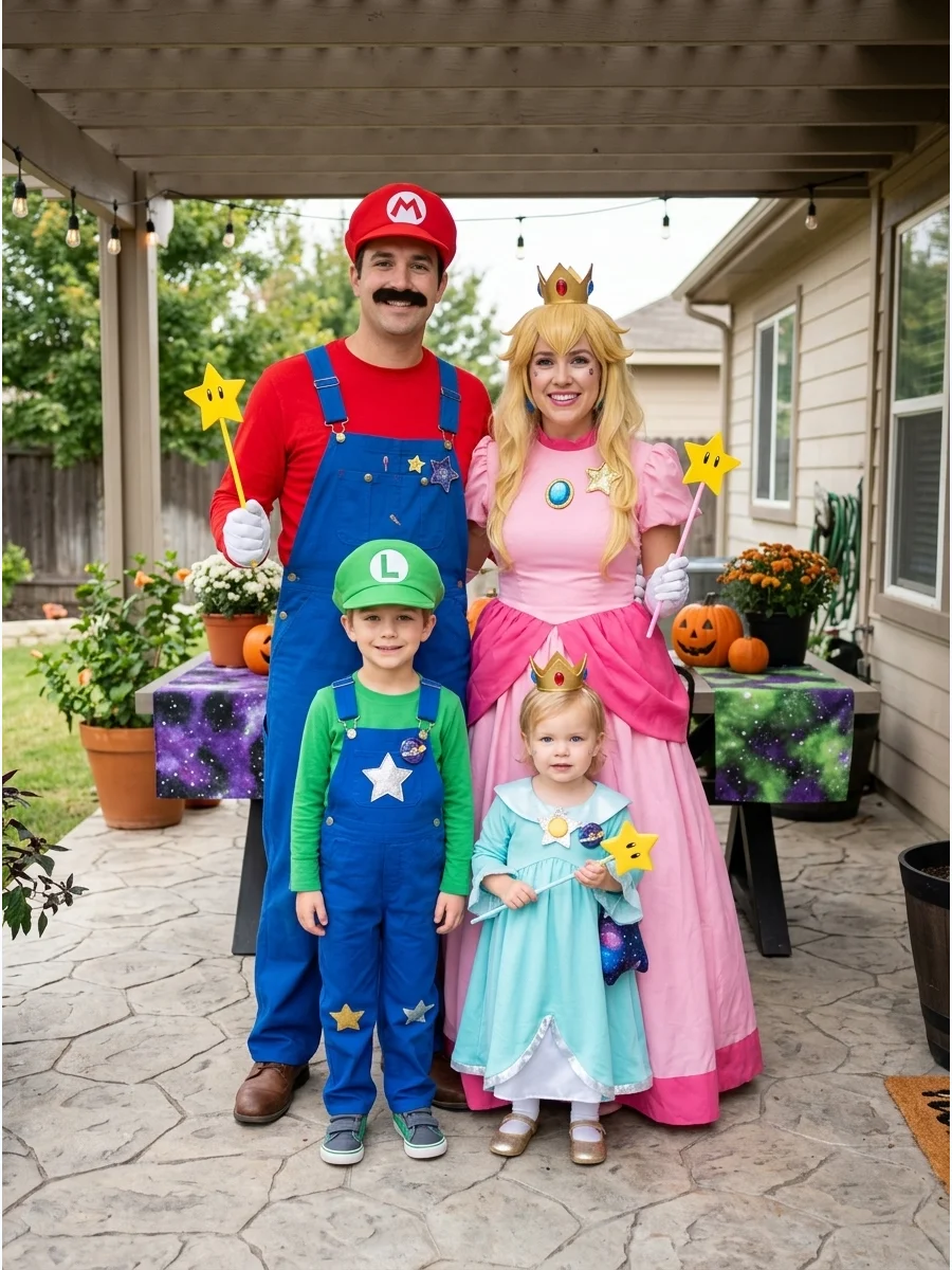 Super Mario Galaxy Family. Turn your family into Mario, Luigi, Princess Peach, and Rosalina for a timely video-game-inspired costume. Add star wands, crowns, colorful overalls, and