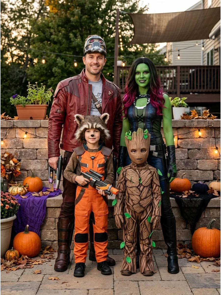 Guardians of the Galaxy Family. Choose Star-Lord, Gamora, Rocket, and Groot for an adventurous outer-space theme. A red jacket, green makeup, animal ears, and tree-inspired texture