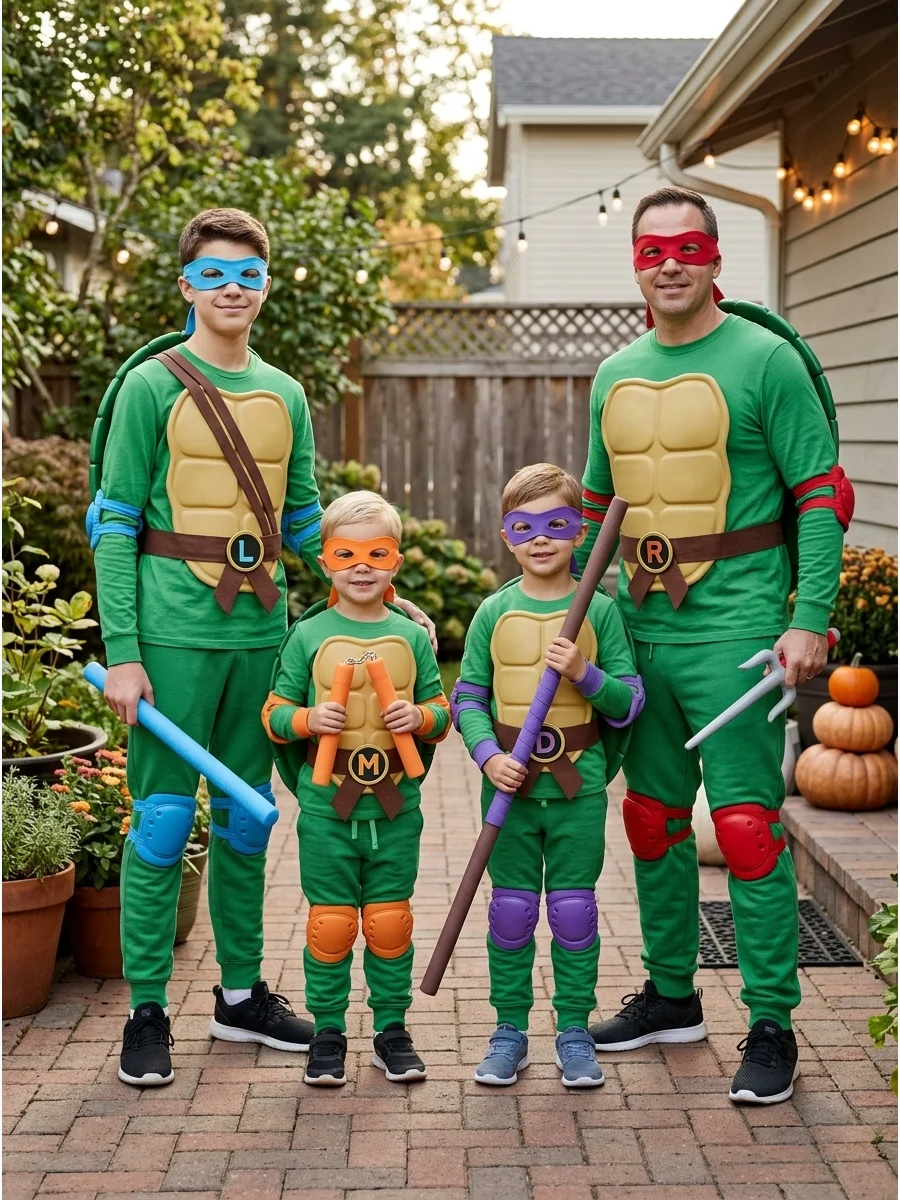 Teenage Mutant Ninja Turtles. Dress as Leonardo, Michelangelo, Donatello, and Raphael for a perfectly matched group of four. Green clothing, colored eye masks, shells, and foam acc