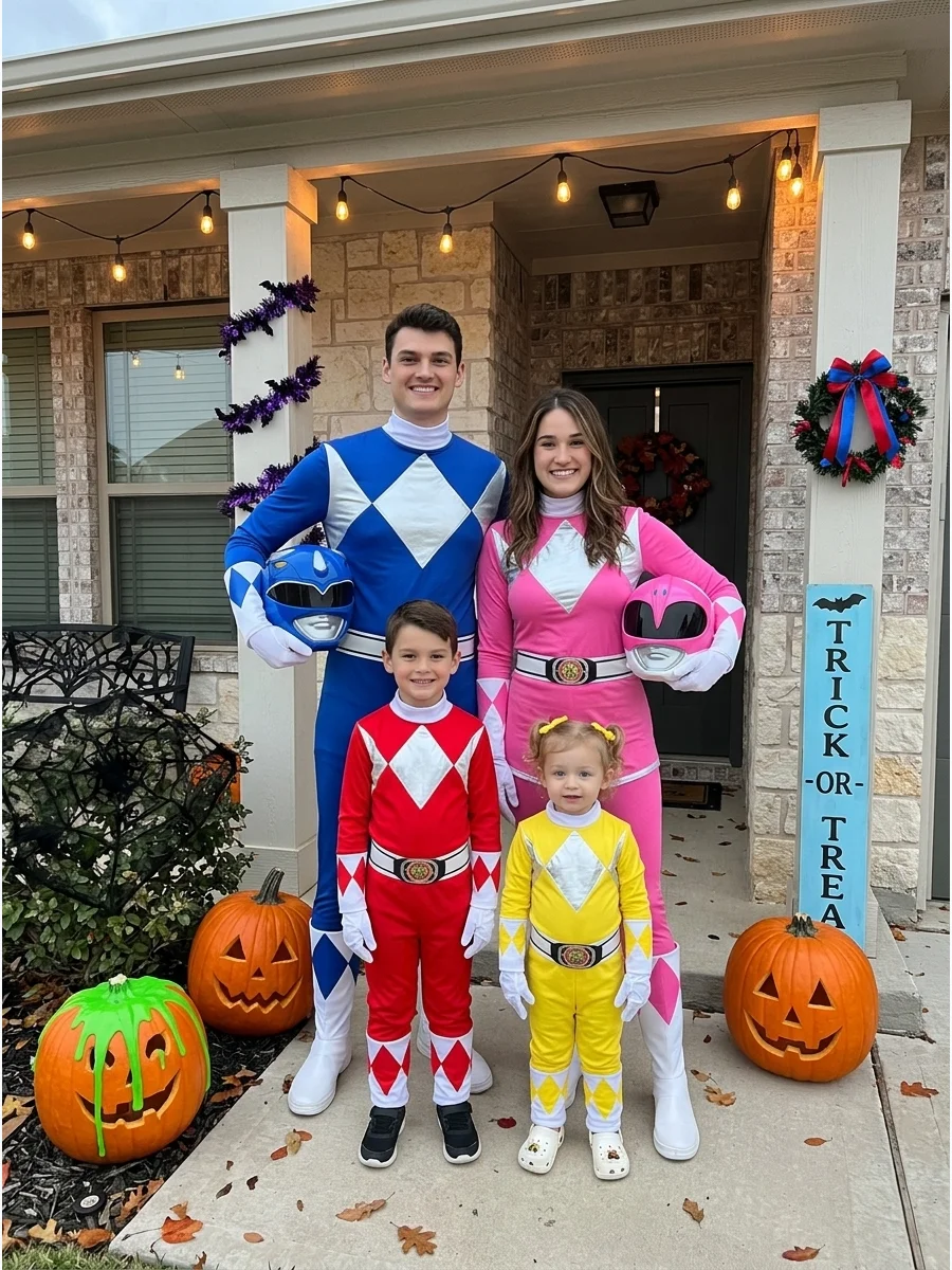 Power Rangers Family. Assign each person a different Power Ranger color and wear coordinated suits or color-blocked clothing. Matching gloves, belts, and simple helmets make the co