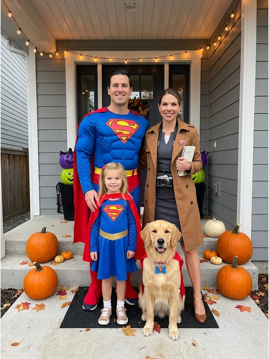 Superman Family. Dress as Superman, Supergirl, Lois Lane, and Krypto the Superdog. Capes and superhero shirts can be paired with a reporter outfit and a child-friendly dog costume