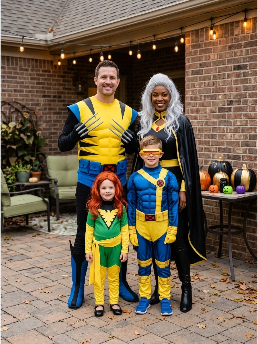 X-Men Family. Choose four recognizable characters such as Wolverine, Storm, Cyclops, and Jean Grey. Coordinating black and yellow clothing helps connect the costumes even when each
