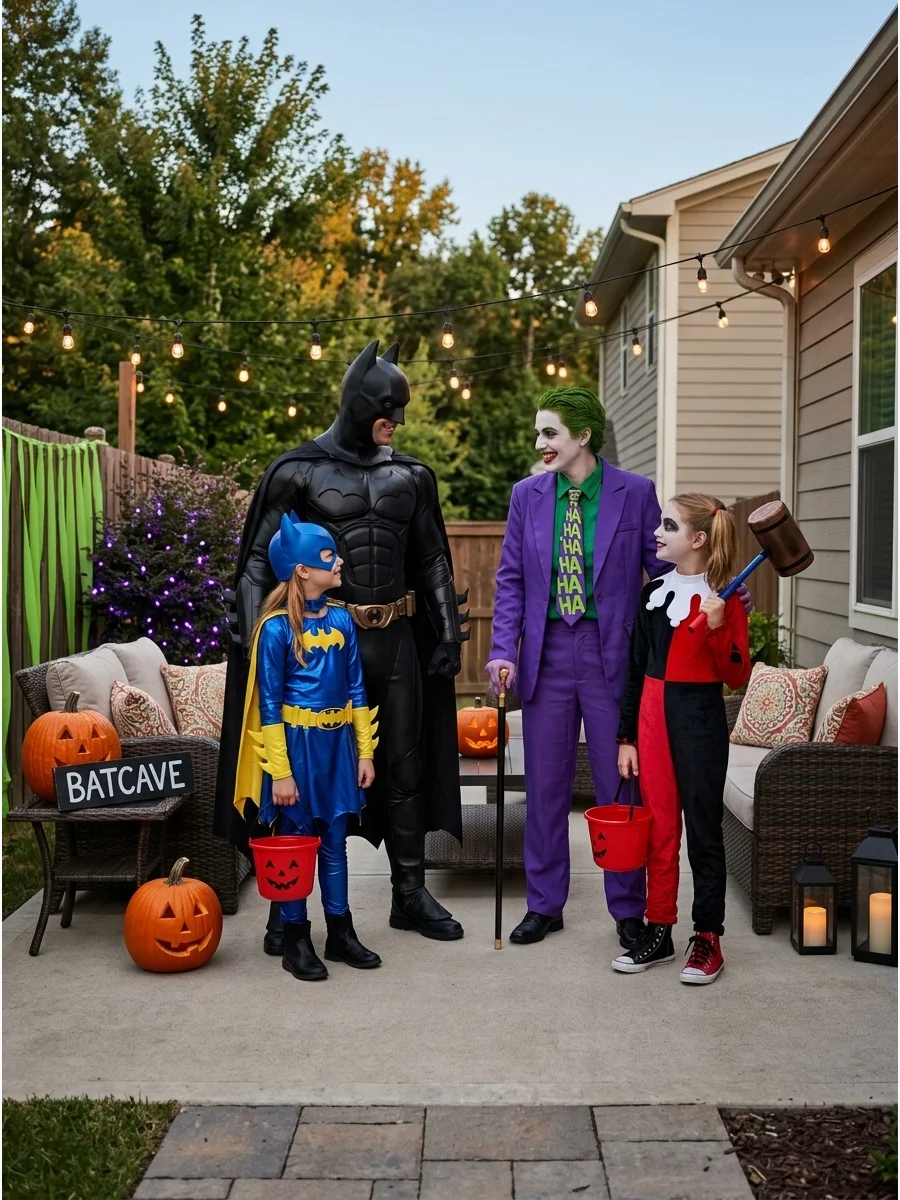 Hero and Villain Family. Divide the family into two heroes and two villains for a fun Halloween showdown. Batman and Batgirl could face the Joker and Harley Quinn, or your family c