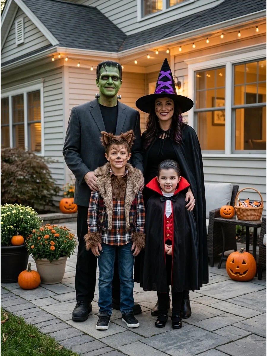 Classic Monster Family. Dress as Dracula, a witch, a werewolf, and Frankenstein’s monster for a traditional Halloween group. Dark clothing, capes, hats, faux fur, and simple face p