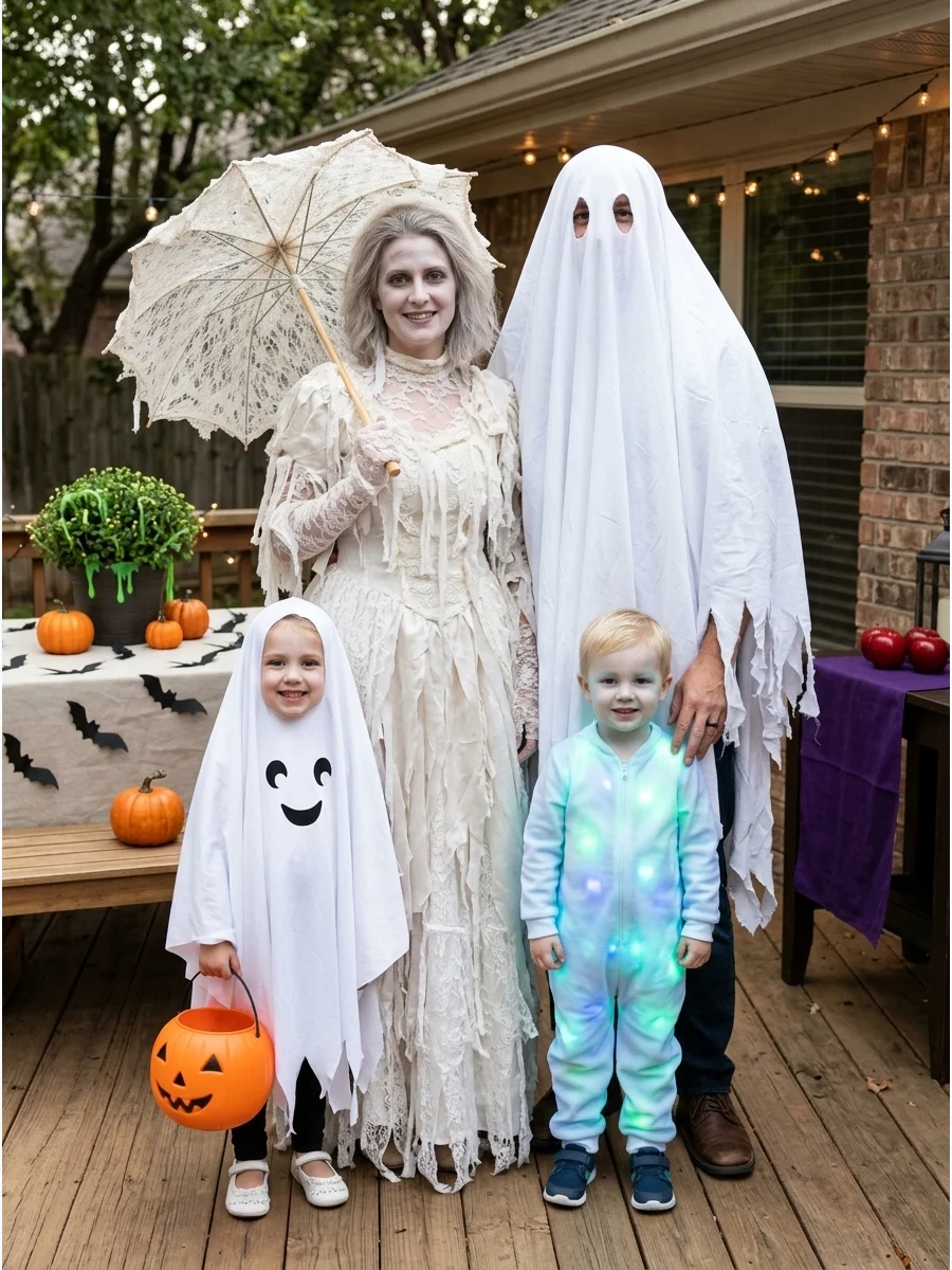 Ghost Family. Turn everyone into a different style of ghost, including a classic white ghost, a fancy Victorian ghost, a tiny sheet ghost, and a glowing ghost. Mixing spooky and cu