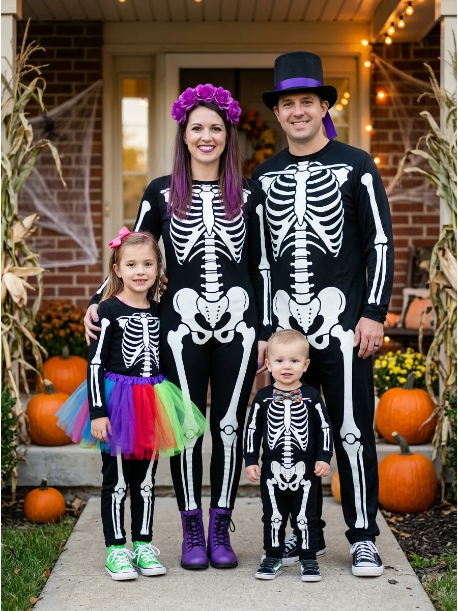 Skeleton Family. Wear matching skeleton outfits and personalize each one with different accessories. Add a bow, top hat, flower crown, or colorful tutu so every family member has a
