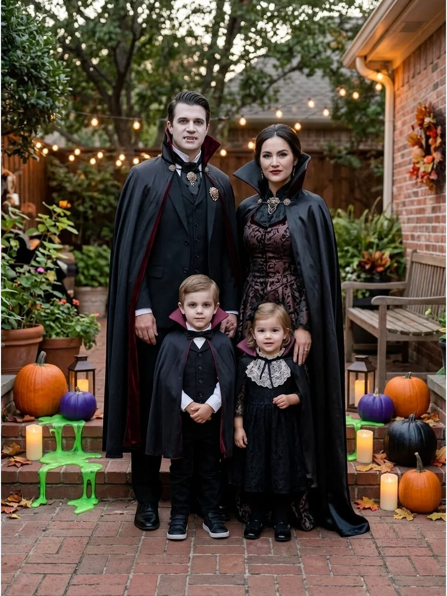 Vampire Family. Create an elegant vampire family with dark formal clothing, capes, dramatic collars, and subtle makeup. Children can wear softer, playful versions while the adults