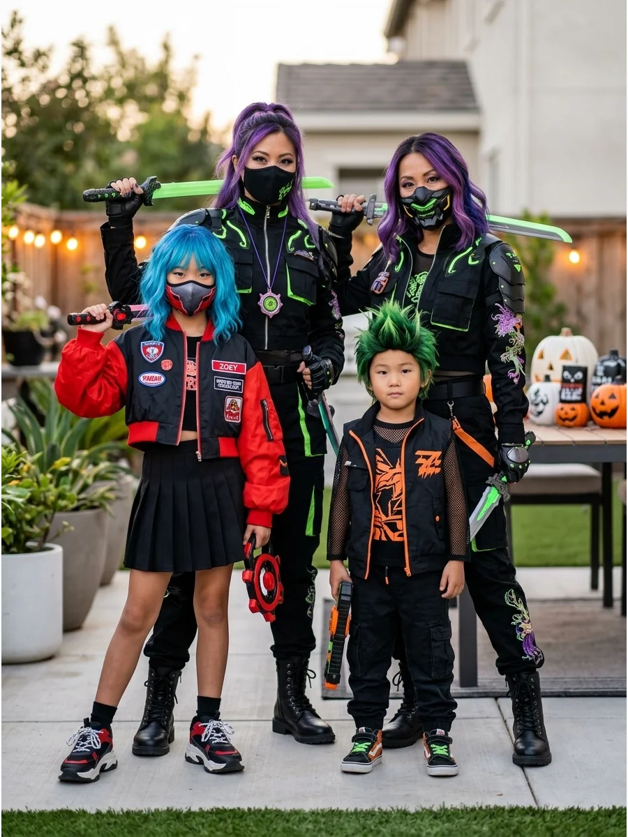 KPop Demon Hunters Family. Choose Rumi, Mira, Zoey, and Jinu for a bold family costume filled with dramatic colors and pop-star details. Coordinated jackets, colorful hairstyles, s