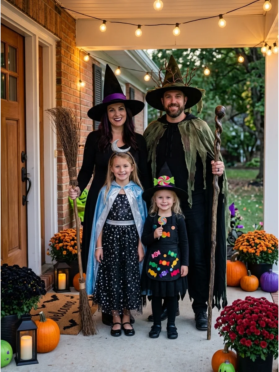 Witch Coven Family. Dress all four family members as different types of witches, such as a classic witch, forest witch, celestial witch, and candy witch. Use coordinating black out