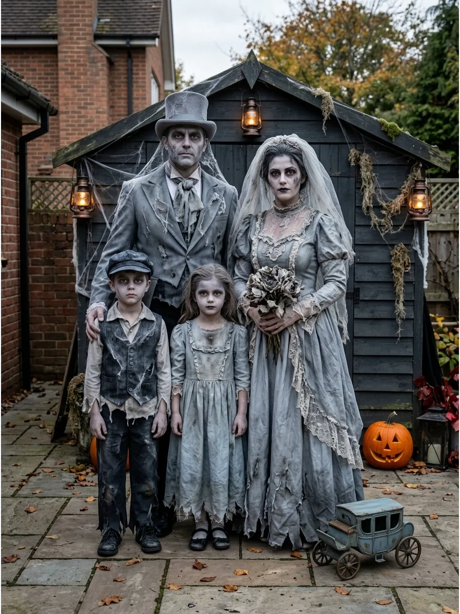 Haunted Mansion Family. Create four ghostly mansion residents using vintage dresses, old-fashioned suits, gray makeup, and cobweb-covered accessories. The faded colors give the gro