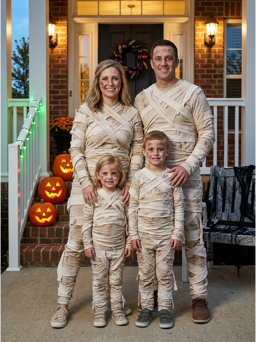 Mummy Family. Wrap beige or white clothing with strips of lightweight fabric to create a matching mummy family. Distress the material slightly and add safe, washable makeup for an