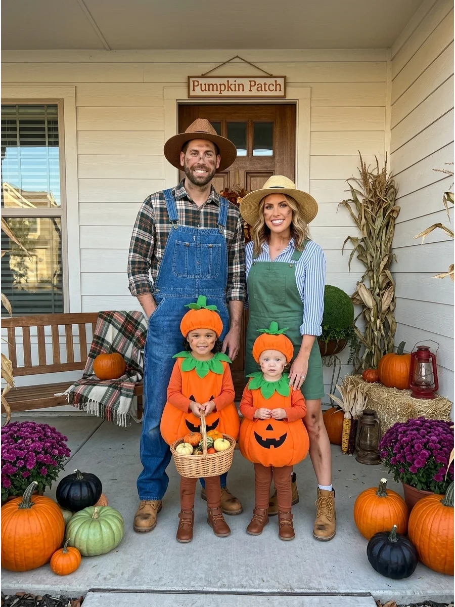 Pumpkin Patch Family. Dress two family members as farmers and the other two as cheerful pumpkins. Orange outfits, green hats, overalls, and a small harvest basket create an adorabl