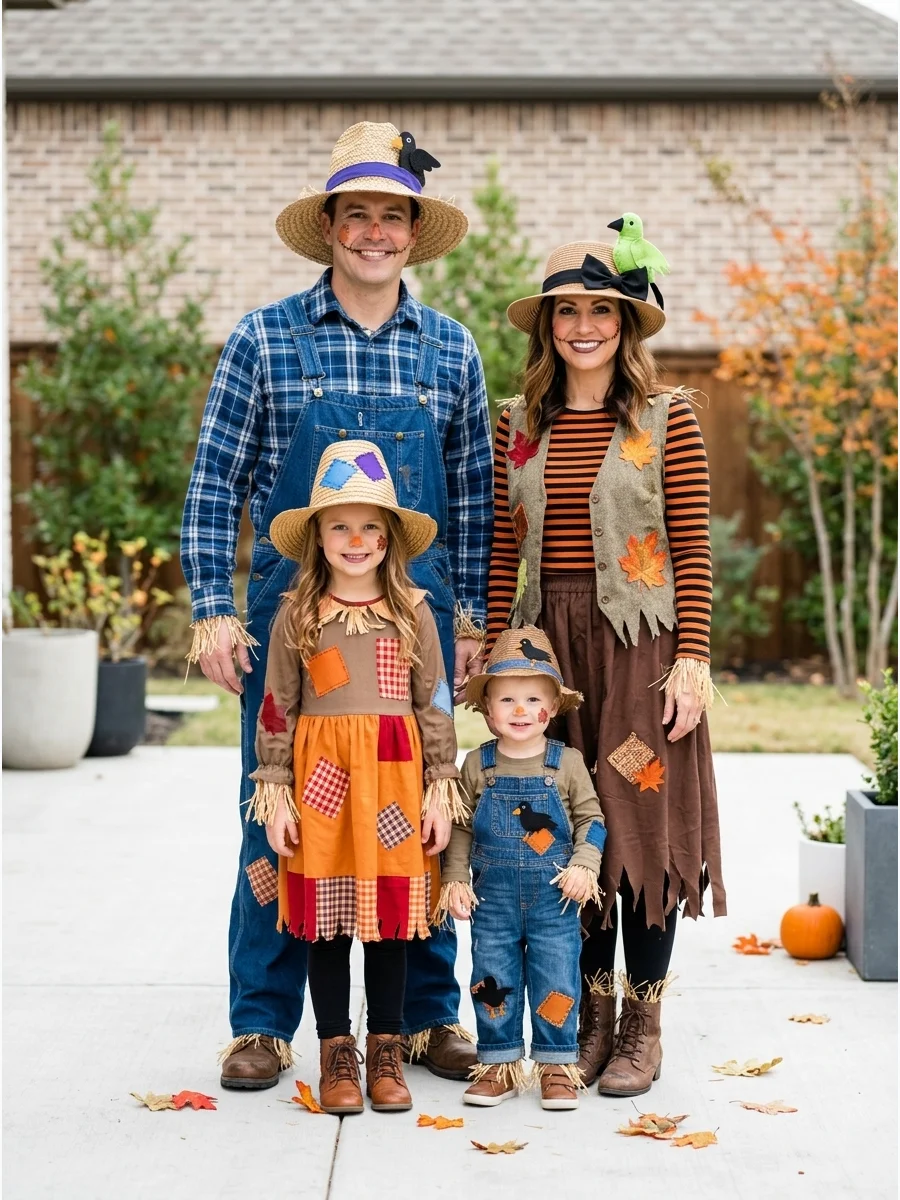 Scarecrow Family. Give each family member a different scarecrow style using flannel shirts, overalls, straw hats, patches, and painted smiles. Add autumn leaves or small fabric cro
