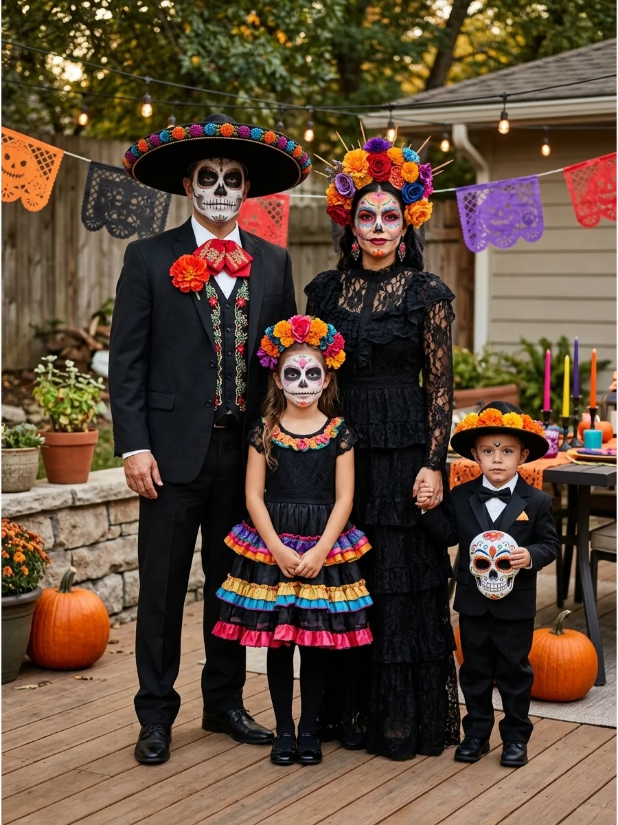 Day of the Dead Family. Coordinate formal black outfits with colorful floral accessories and decorative skull-inspired makeup. Use age-appropriate face designs and bright colors to
