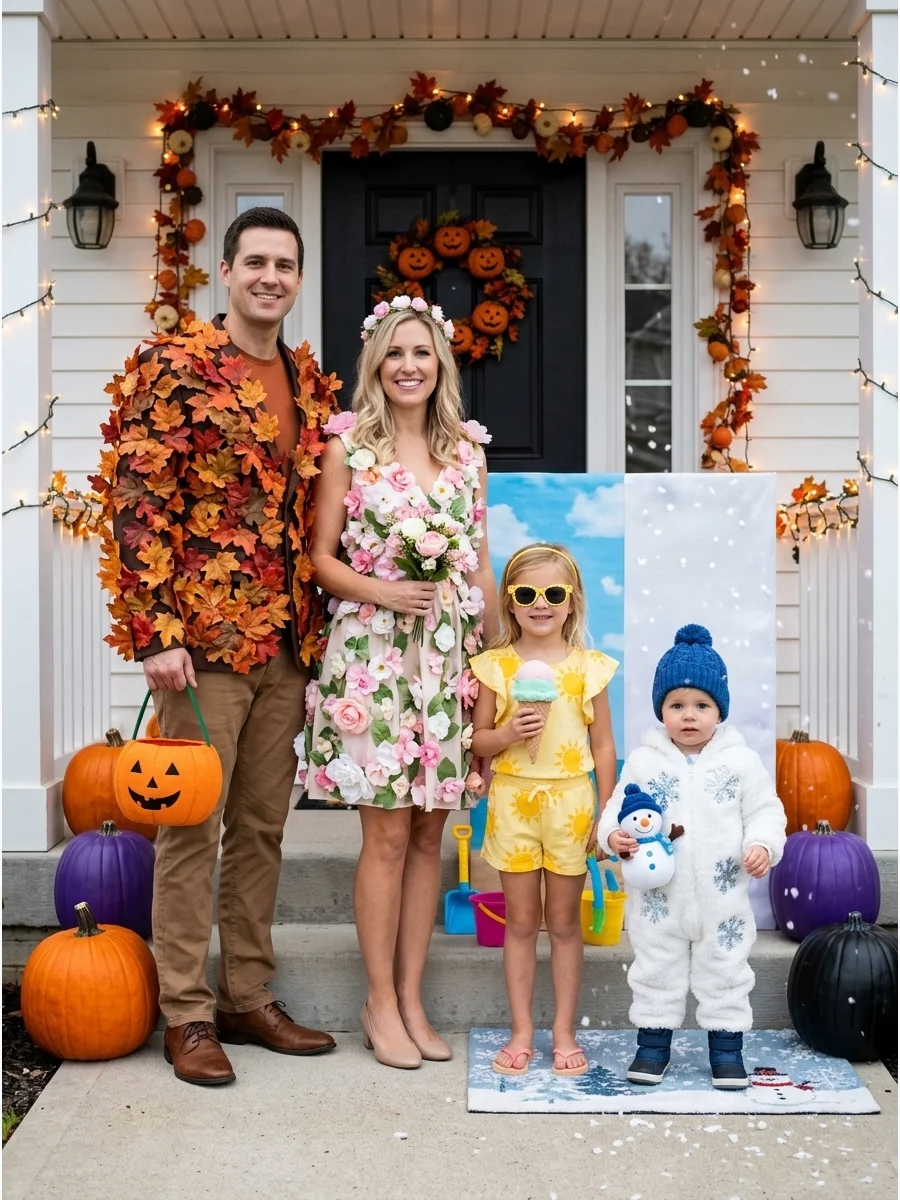 The Four Seasons. Assign spring, summer, fall, and winter to the four family members. Flowers, sunshine, autumn leaves, and snowflakes make each season clear while producing a colo
