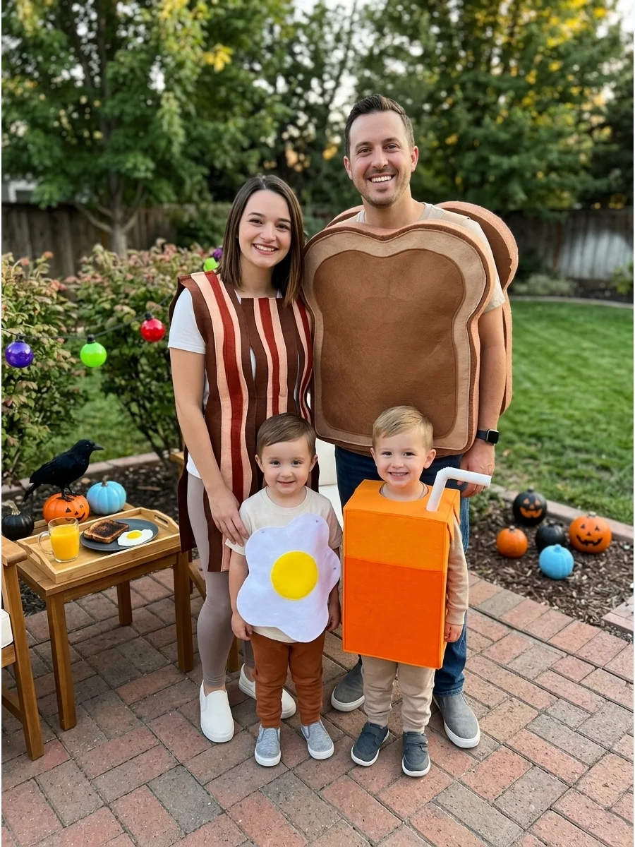 Breakfast Family. Dress as bacon, eggs, toast, and orange juice for a funny food-themed costume. These outfits can be made with felt or foam attached to plain shirts. Family of 4 H