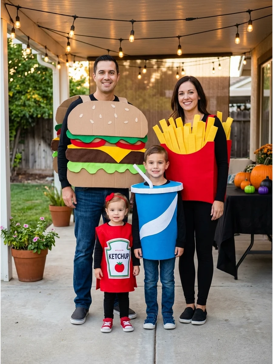 Fast-Food Meal Family. Turn your family into a burger, fries, soda, and ketchup packet. Use simple tunics or cardboard signs for a costume that is easy to recognize from a distance