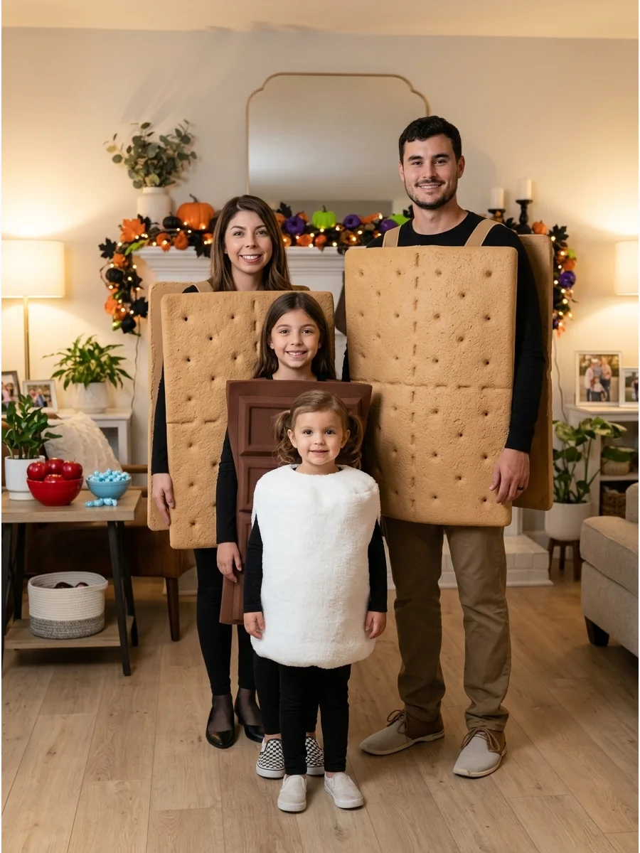 S’mores Family. Dress as two graham crackers, one chocolate bar, and one marshmallow. Stand together for photos to create a complete human-sized s’more. Family of 4 Halloween Costu