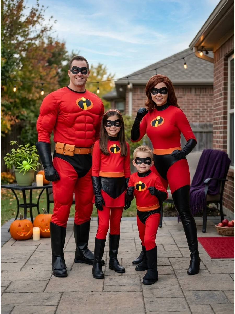 The Incredibles Family. Transform into Mr. Incredible, Elastigirl, Violet, and Dash for one of the most natural family-of-four costume combinations. Matching red suits, black masks