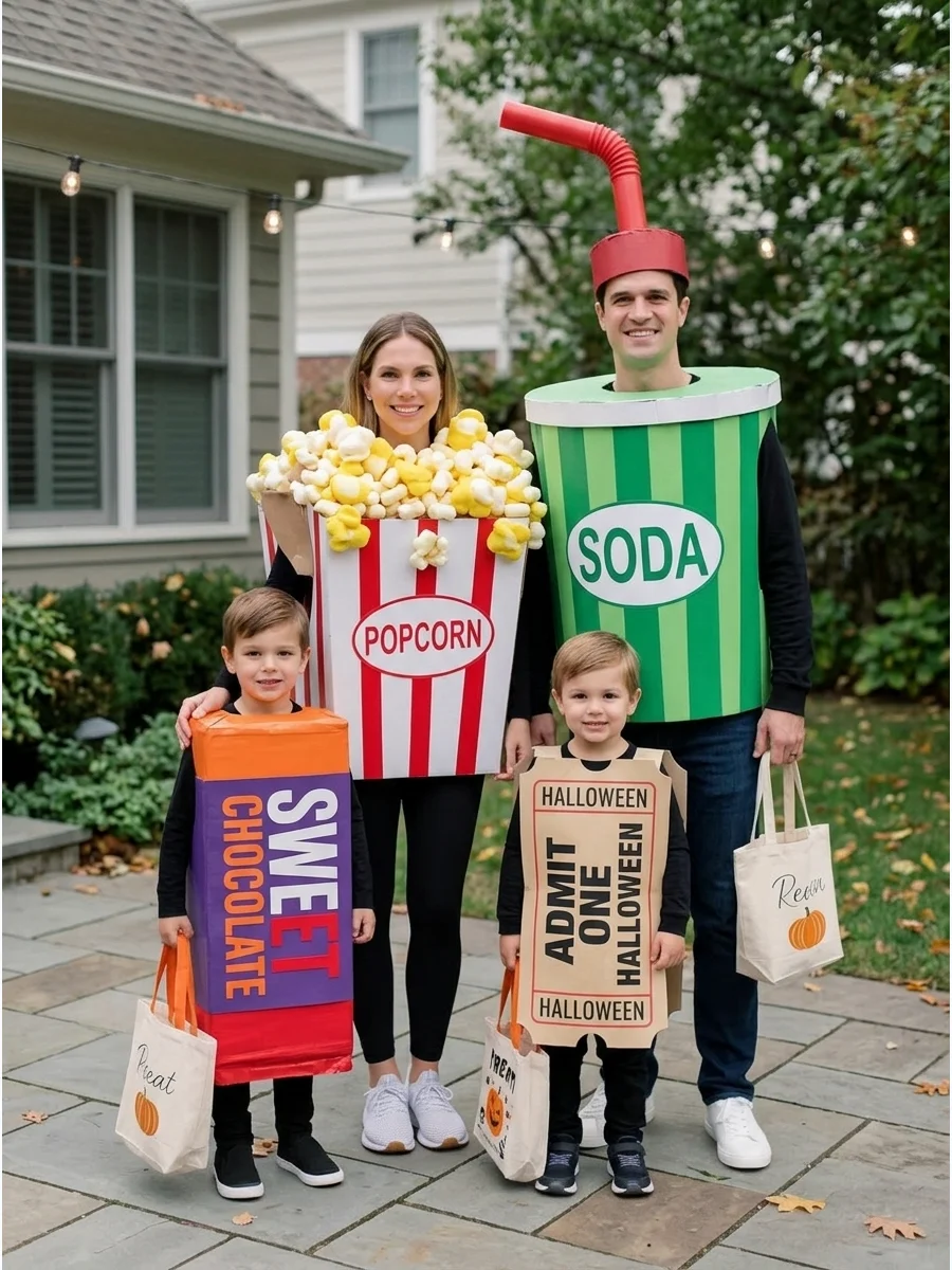 Movie Theater Snacks. Choose popcorn, soda, candy, and a movie ticket for a playful cinema costume. Oversized labels and striped containers make the outfits easy to create at home.