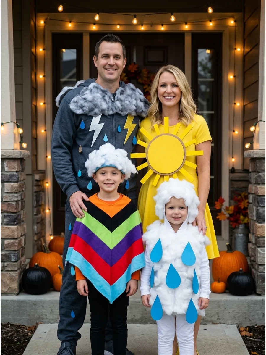 Weather Forecast Family. Dress as sunshine, a cloud, a rainbow, and a thunderstorm. Cotton batting, cardboard raindrops, colorful fabric, and lightning-bolt accessories give everyo