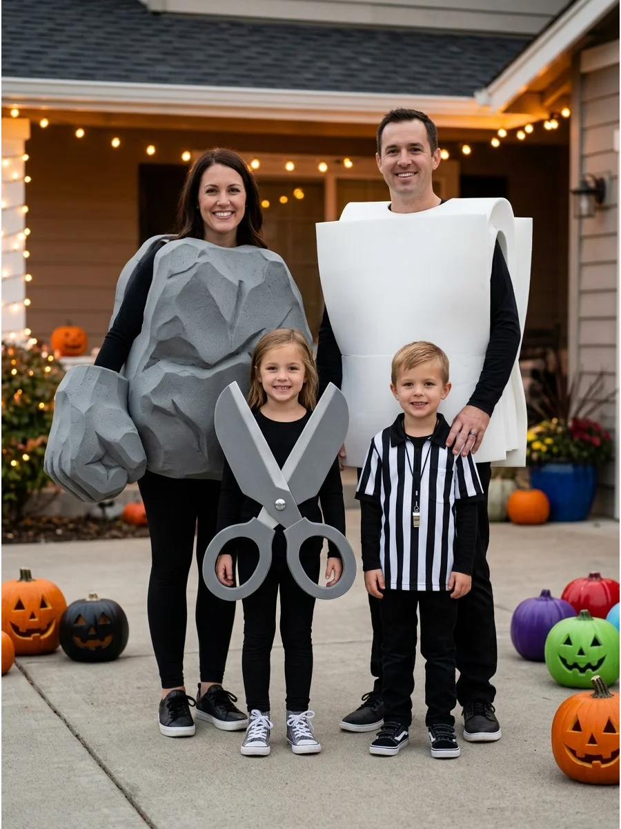 Rock, Paper, Scissors and Referee. Three family members can dress as rock, paper, and scissors while the fourth becomes the referee. This idea works well with large foam shapes and