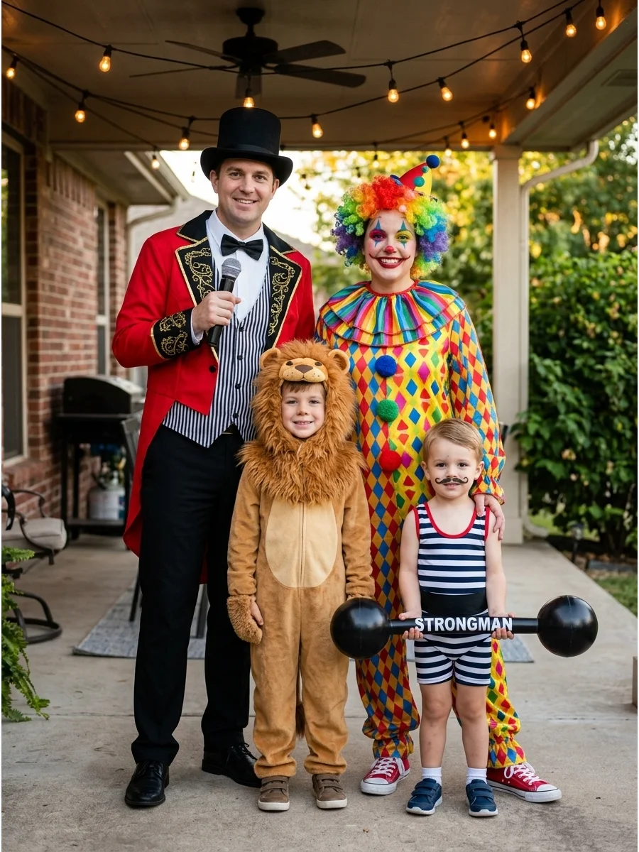 Circus Family. Create a four-person circus with a ringmaster, clown, lion, and strongman. Red jackets, bright patterns, animal ears, and striped clothing create a lively group cost