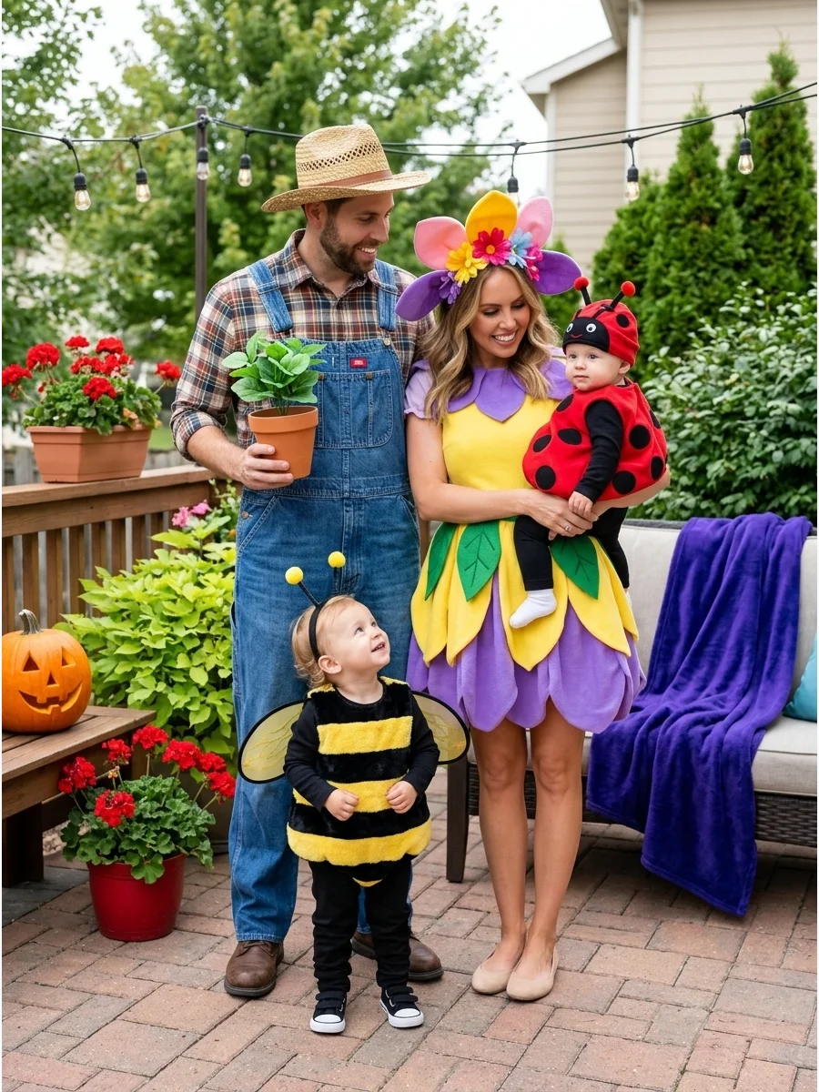 Garden Family. Dress as a gardener, flower, bumblebee, and ladybug. This theme is colorful, comfortable, and particularly cute for families with toddlers or babies. Easy DIY Family