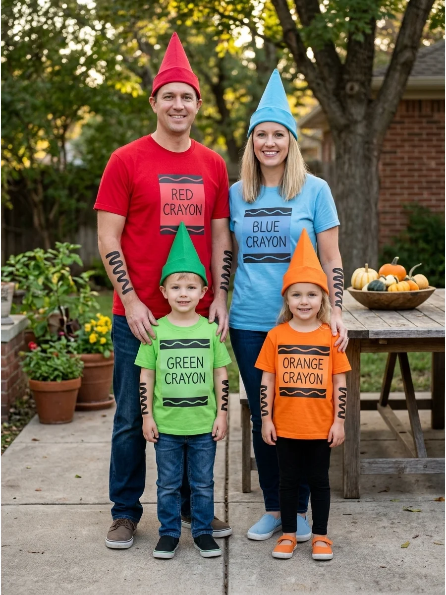 Crayon Box Family. Let each family member choose a different crayon color and wear a matching pointed hat. Add black paper labels to solid-colored shirts for an inexpensive last-mi