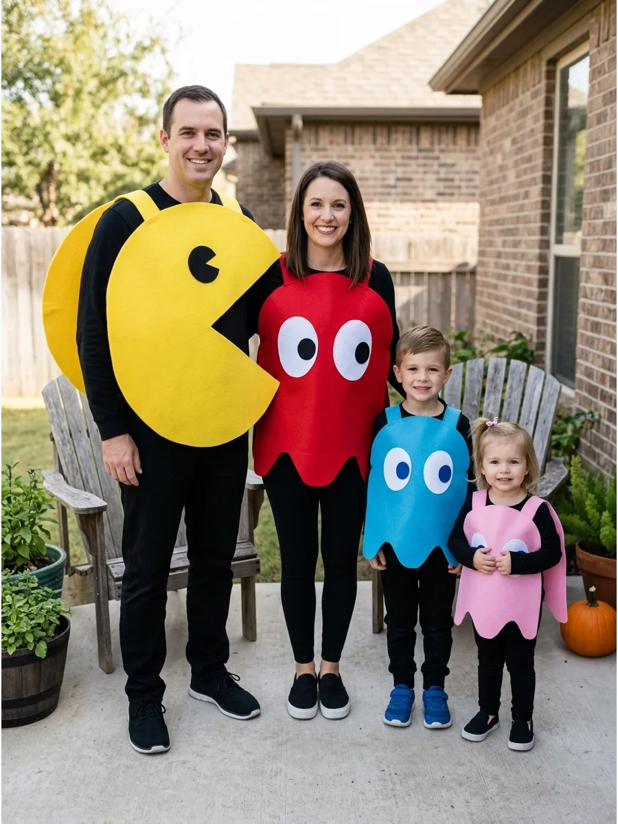 Pac-Man Family. Dress one family member as Pac-Man and the other three as colorful ghosts. Use foam board or felt over black clothing to create the classic arcade shapes. Family of