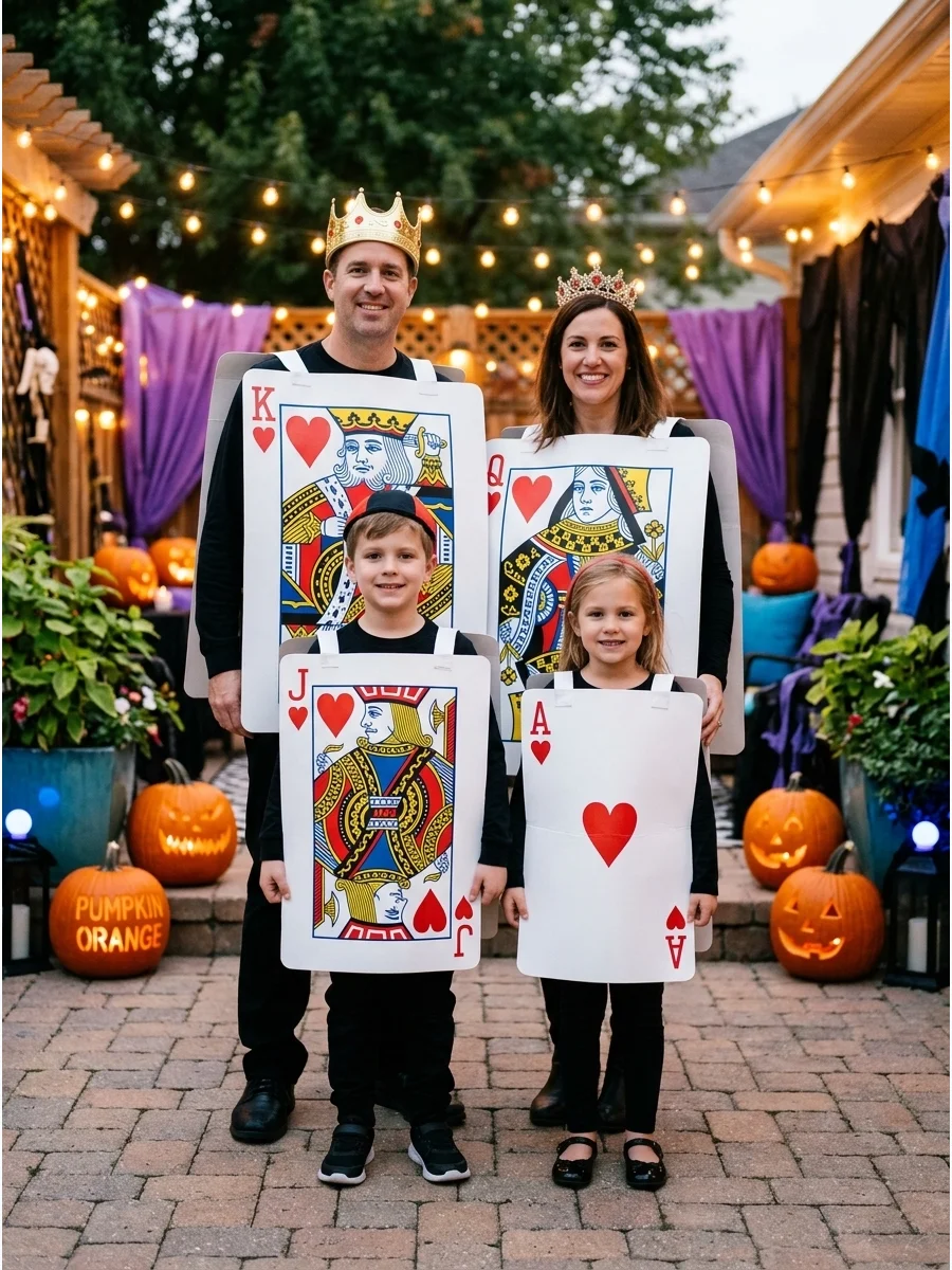 Playing Card Family. Choose four matching cards, such as the king, queen, jack, and ace of hearts. Large card panels can be worn over plain black or red clothing for a quick costum