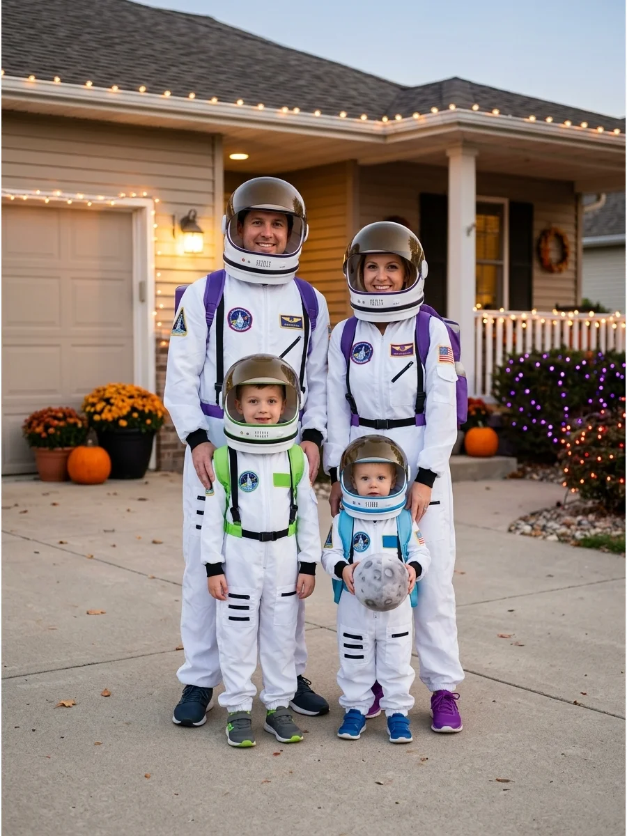 Astronaut Family. Dress everyone in matching astronaut suits with different mission patches or colored details. Add helmets, space backpacks, and a small moon or planet prop to com