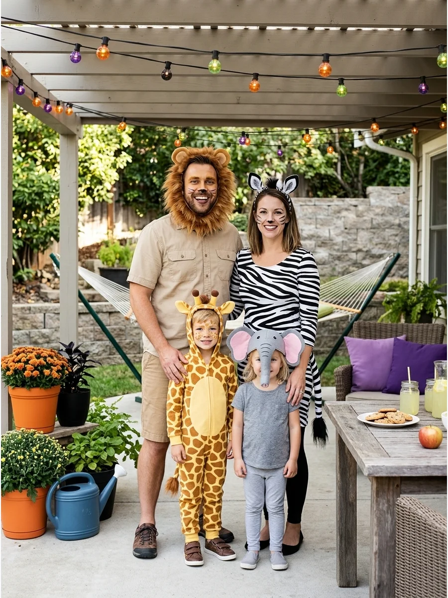 Four Safari Animals. Choose four favorite animals, such as a lion, zebra, giraffe, and elephant. Neutral clothing, animal-print fabric, ears, tails, and simple makeup create comfor