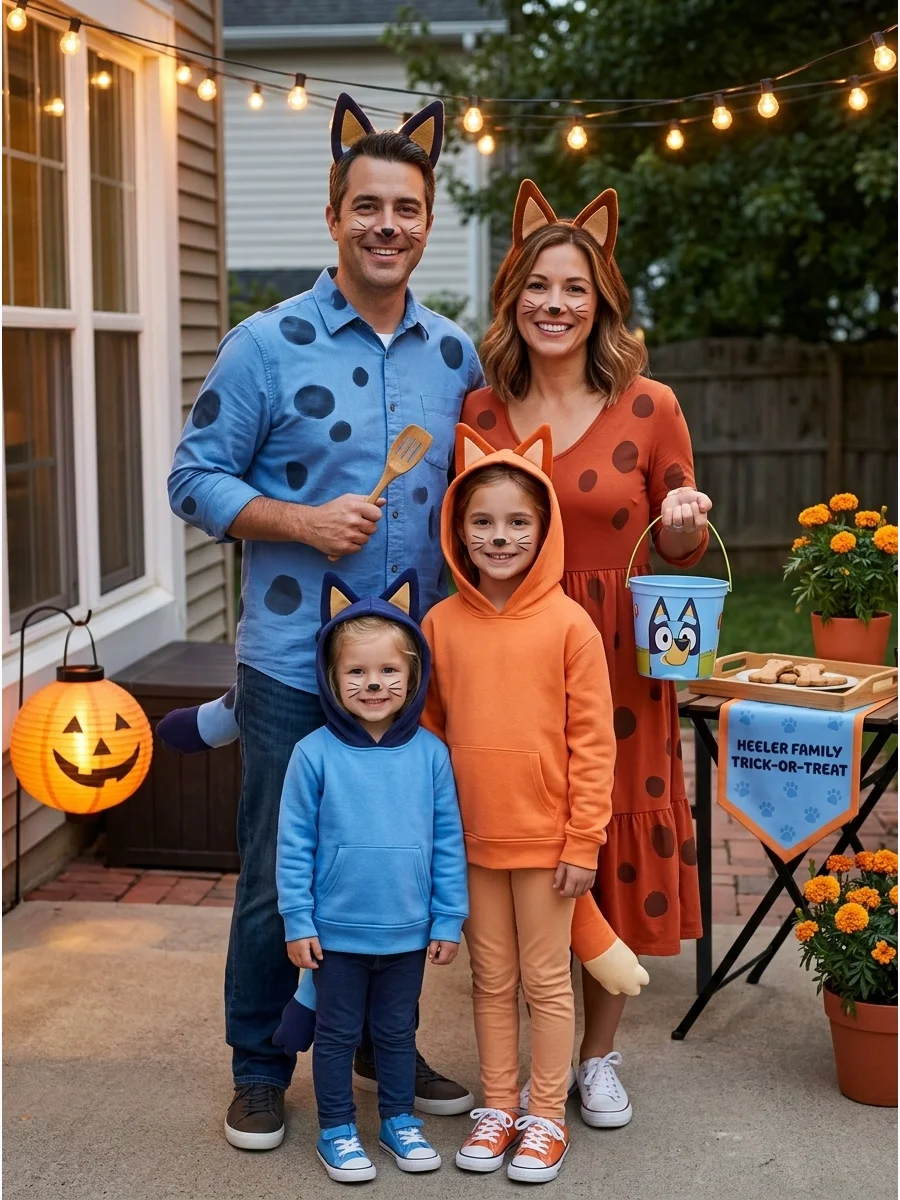Bluey Heeler Family. Dress as Bandit, Chilli, Bluey, and Bingo for a cute costume that is especially perfect for families with younger children. Blue and orange clothing, dog ears,