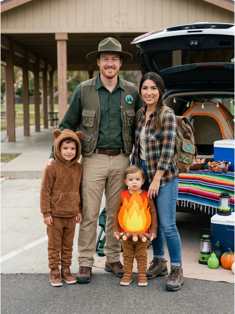 Family Camping Adventure. Dress as a park ranger, camper, bear, and campfire for an original outdoor-themed costume. Use hiking clothes, a ranger hat, bear ears, and felt flames to