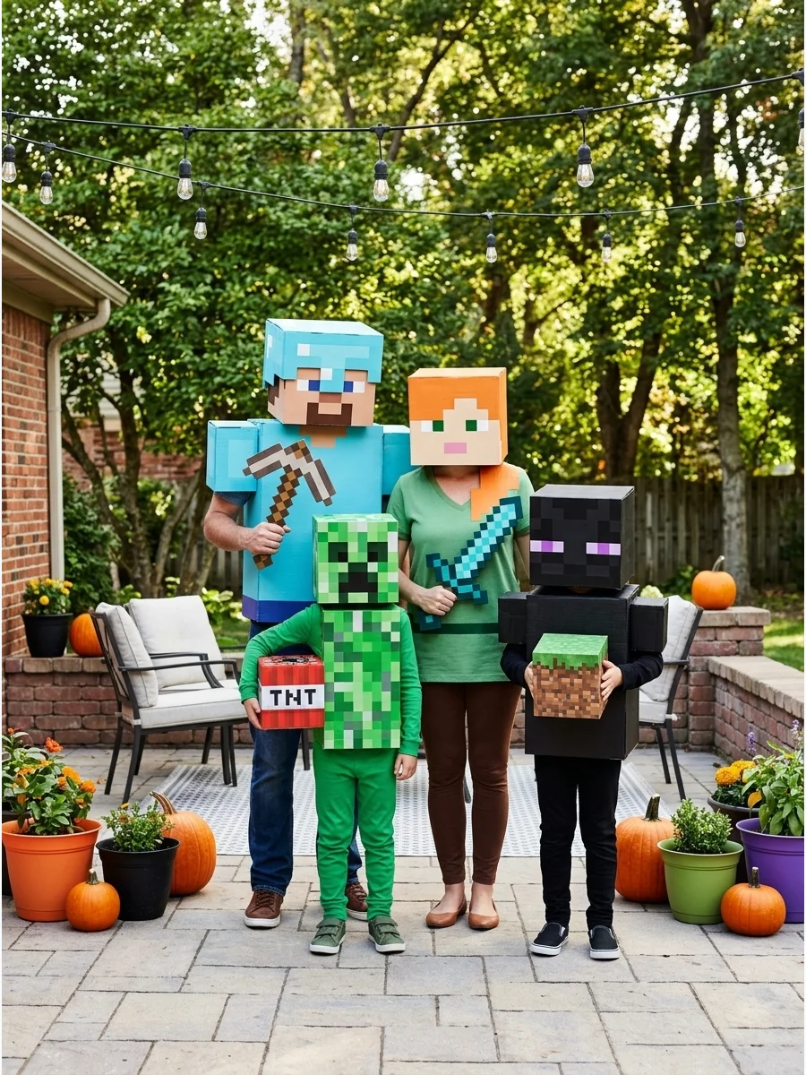 Minecraft Family. Build a blocky family costume with Steve, Alex, a Creeper, and an Enderman. Square cardboard heads, pixelated tools, and box-shaped accessories make this a fun DI