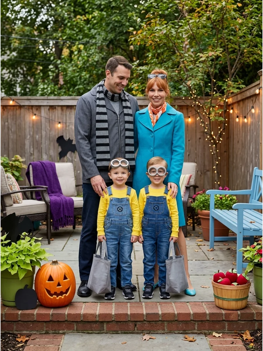 Minions Family. Choose Gru, Lucy, and two Minions for a silly costume that lets the children wear matching outfits. Yellow shirts, denim overalls, goggles, and Gru’s striped scarf