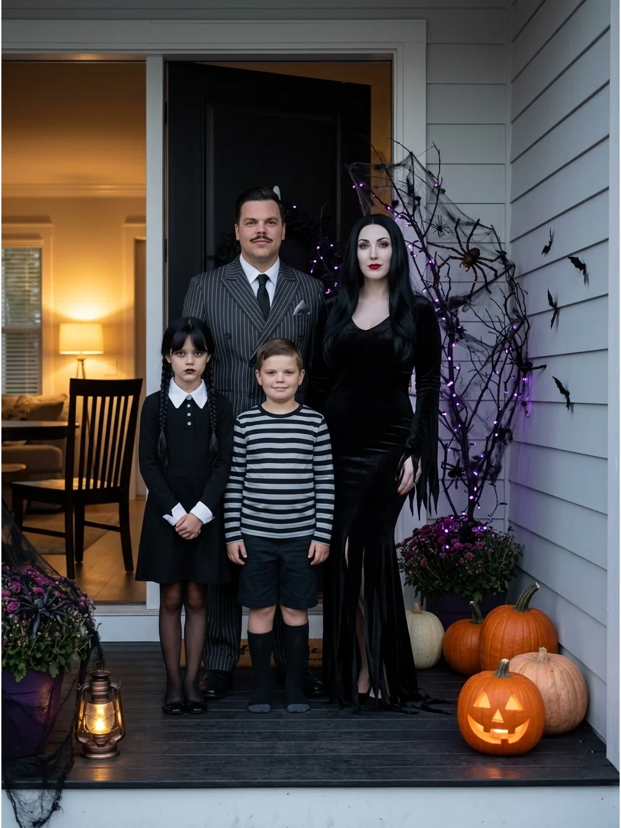The Addams Family. Dress as Gomez, Morticia, Wednesday, and Pugsley for a dark yet polished Halloween look. Black clothing, pale makeup, pinstripes, and Wednesday’s signature braid